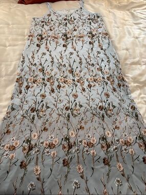 NWOT. Never worn.  Silky, Floral Midi Slip Dress in Light Blue with tan flowers
